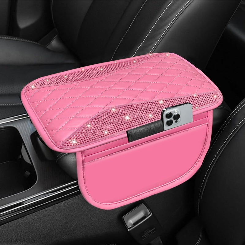 NBTEPEM Bling Pink Car Center Console Cover, Leather Middle Console Cover with 2 Storage Bags, Universal Arm Rest Cover Protector, Bling Car Accessories Interior Fit for Most Vehicles, Pink Leather - Image 1